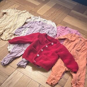 Red Button-Up Knit Baby Cardigan with Pastel Rompers